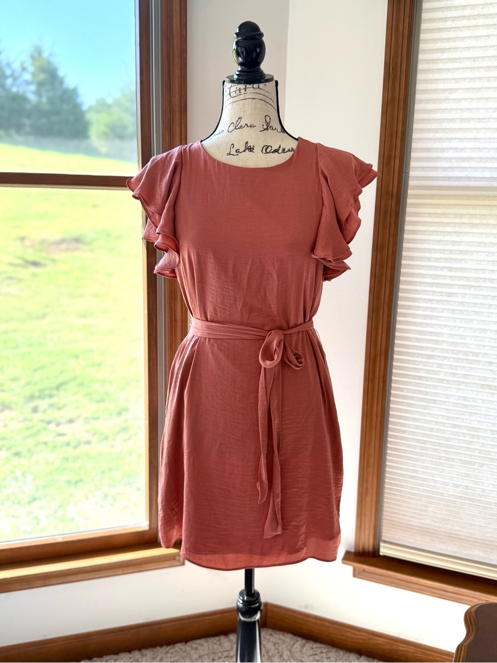 Orange Rust Ruffle Sleeve Tie-Waist Mini Dress